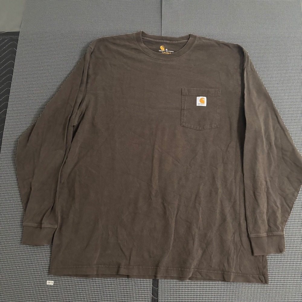 Carhartt Mens XL Long Sleeve Pocket T-Shirt‎ Brown Graphic Back Logo Workwear